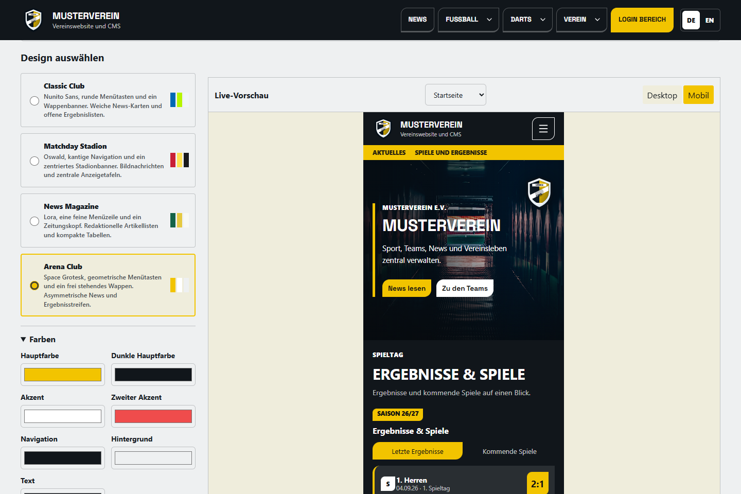 Designverwaltung des Vereins-CMS mit mobiler Live-Vorschau