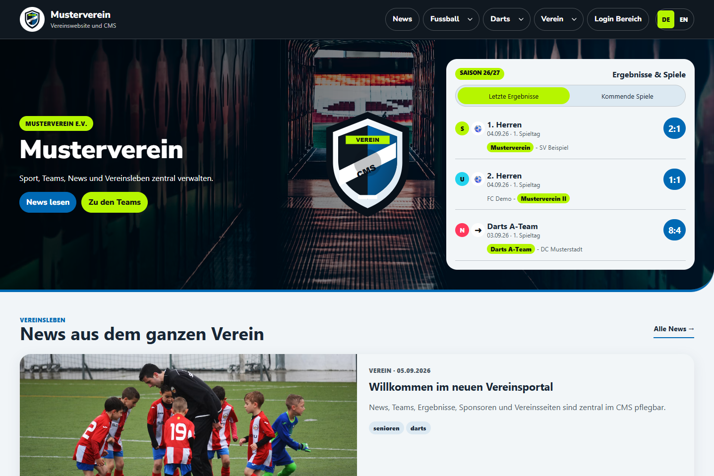 Beispiel einer mit dem Vereins-CMS erstellten Vereinswebsite